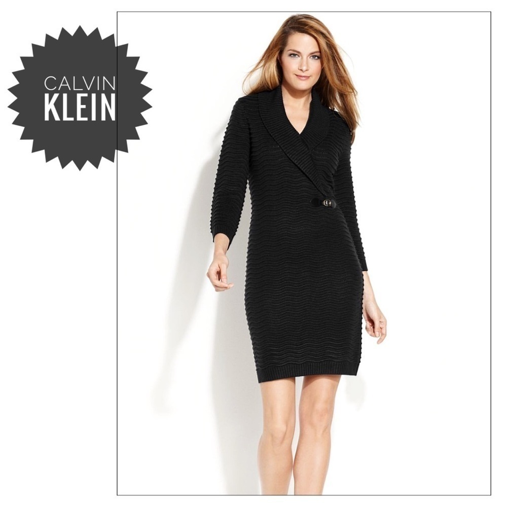 Calvin Klein Black Wide Collar Cable Knit Sweater Dress Size Small